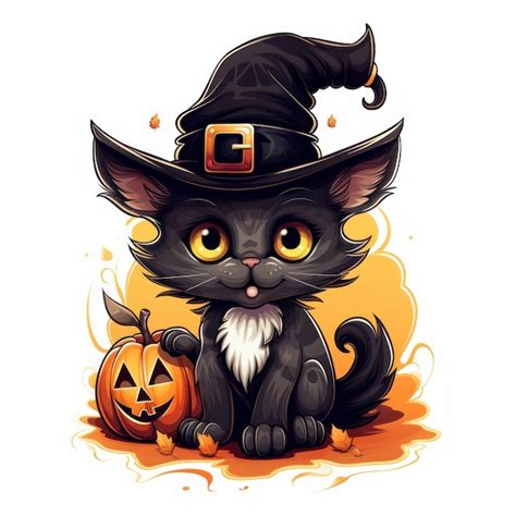 Premium Ai Image Cute Black Cat In Witch Hat Sitting On The Floor Vector Illustration