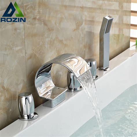 Chrome Waterfall Spout Deck Mount Bathtub Faucet 5 Holes Widespread Tub