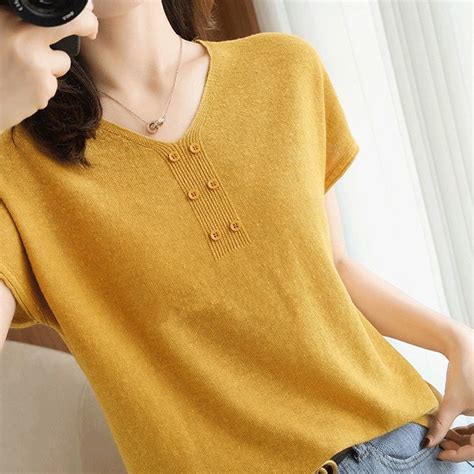 Knitted Ice Silk V Neck Short Sleeved T Shirt Solid Color Casual Loose