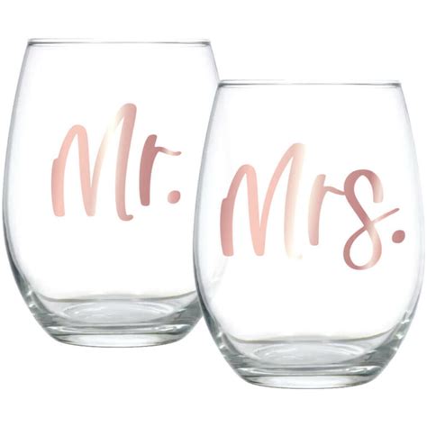 Mr Mrs Stemless Wine Glass Set Personalized Brides