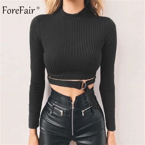 Forefair Sexy Black Long Sleeve Shirt Women Autumn Winter Slim Bodycon