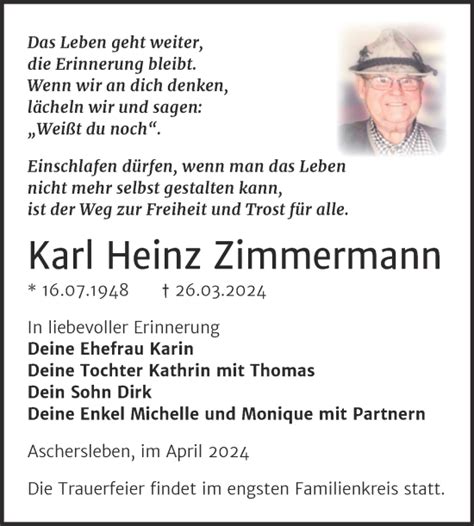 Traueranzeigen Von Karl Heinz Zimmermann Abschied Nehmen De