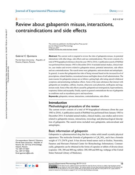 (PDF) Review about gabapentin misuse, interactions, contraindications ...