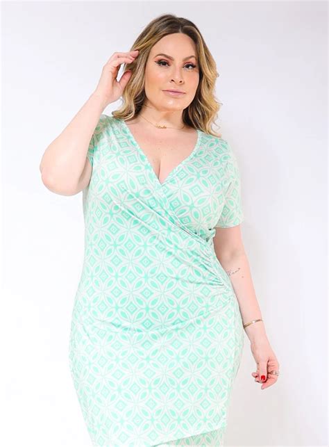 Vestido Transpassado Plus Size Mosaico Floral Em Malha Fria Best Size