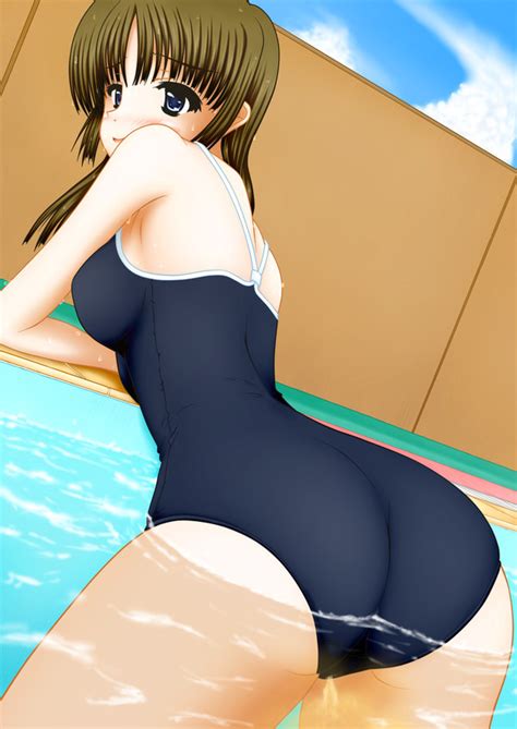 Rule 34 Ass Back View Blush Female Female Focus Female Only In Pool Leotard Looking Back