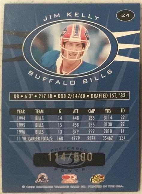 Donruss Preferred Qbc Power Bronze Foil Jim Kelly D Nice