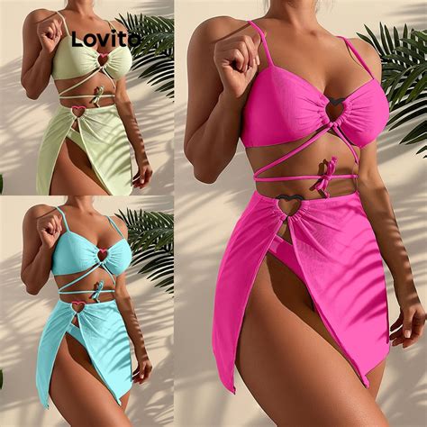 Lovito Sexy Plain Heart Lace Up Bikini Sets For Women Lnl Light