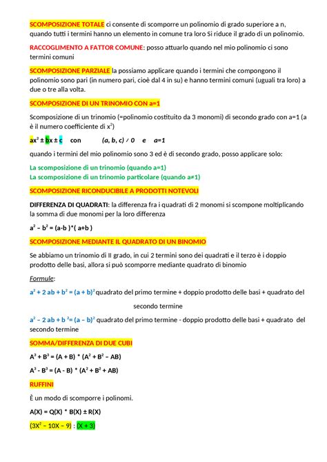 Equazioni E Scomposizioni Schemi E Mappe Concettuali Di Matematica Docsity