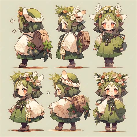 Premium Photo Character Anime Of Female Chibi Kawaii Druid Fashion Nature Inspired Dress Moss