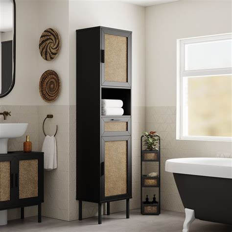 Winslow Tall Cabinet Black Rattan Space Saving Bathroom Ideas Black Clever Bathroom Storage