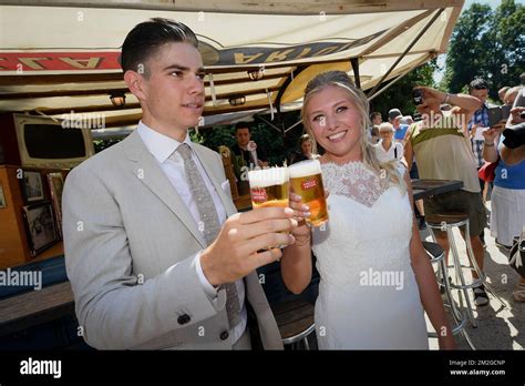 Belgian Wout Van Aert And Sarah De Bie Pictured During The Wedding Of