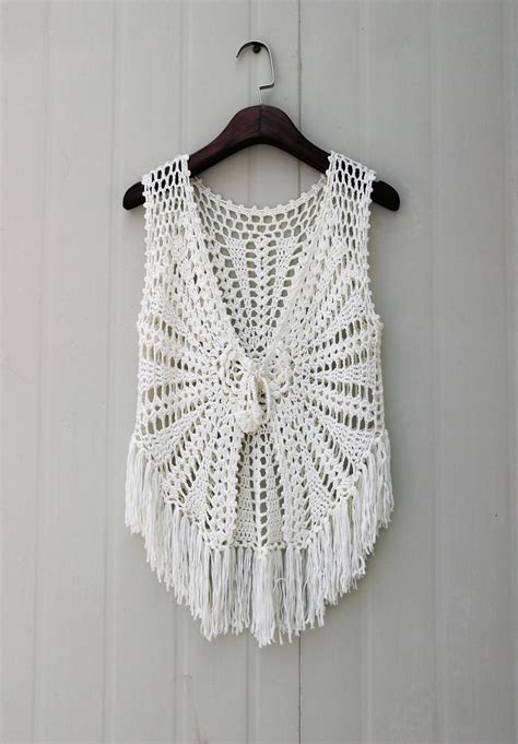 Hippie Fringed Crochet Vest Boho Tie Front Sleeveless Cardigan Bohemian