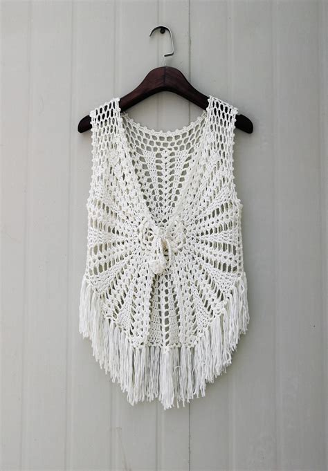 Hippie Fringed Crochet Vest Boho Tie Front Sleeveless Cardigan Bohemian Women Clothing Etsy