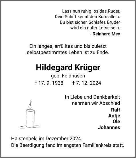 Traueranzeigen von Hildegard Krüger sh z Trauer