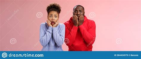 Shocked Scared Two Insecure Young African American Couple Both