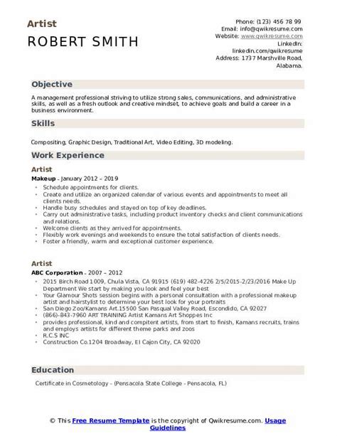 Artist Resume Samples Qwikresume