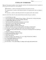 Symbiosis Practice Worksheet Key Symbiosis Practice Worksheet Name