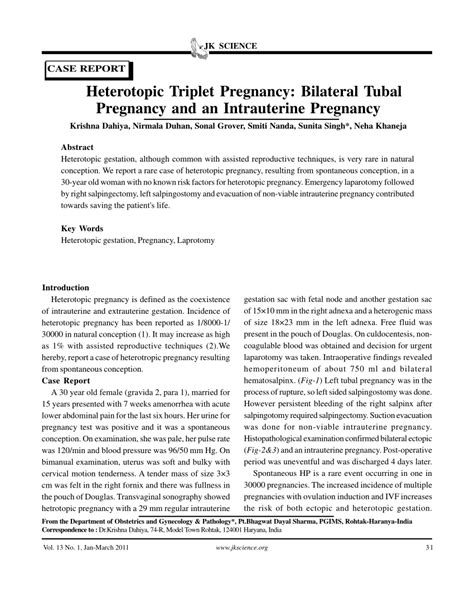 Pdf Heterotopic Triplet Pregnancy Bilateral Tubal Pregnancy And An