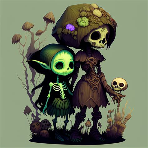 KREA AI Goblin Girl Druid Hugging A Smaller Skeleton Girl