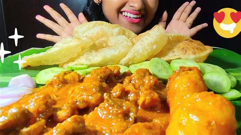 Asmr Soft Luchipuri Spicy Chicken Kosha With Salad Food Eating