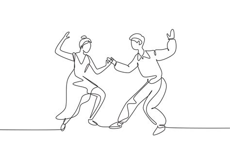 Single One Line Drawing Man And Woman Dancing Lindy Hop Or Swing Male And Female Characters