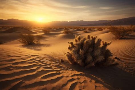 Premium Ai Image Golden Desert Solitary Cactus Under Scorching Sun