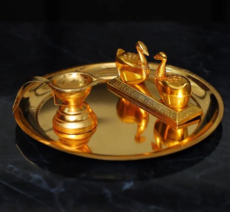 Chhariya Crafts Metal Pooja Thali With Diya And KumKum Box Duck From