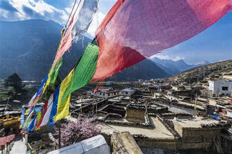 Historical Village Of Marpha And Prayer Flags Jomsom Himalayas Nepal
