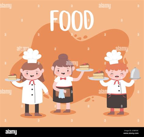 Cartoon Chefs Cooking And Holding Tray Food Dessert Cakes Vector