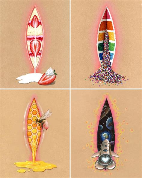 Four Different Images Of An Upside Down Surfboard And Other Things On