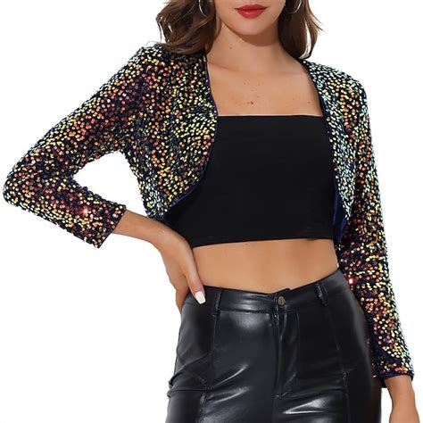 Women‘s Sequin Jacket Bolero Coats Sparkle And Shine Long Sleeve Open Front Cropped Cardigan Shrug