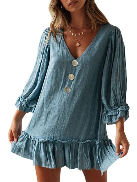 Linen Shirt Dress Ruffle Hem Dress Long Sleeve Shirt Dress Neck