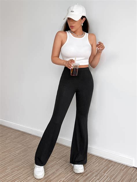 SHEIN EZwear Solid Rib Knit Flare Leg Trousers SHEIN UK