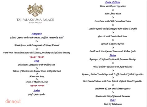 Menu Of Gol Bungalow Taj Falaknuma Palace Falaknuma Hyderabad Dineout Discovery