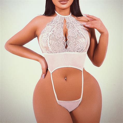 Munlar Women S Lingerie Floral Lace Strappy Sheer Halter Bodysuit