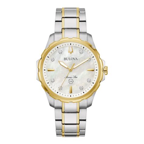 Ladies Bulova Marine Star Mother Of Pearl And Diamond Accent Dial Watch In Two Tone Stainless