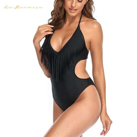 Designer Lace Up Bikini Women One Piece Fringe Swimsuit Backless Bathing Suit Pure Black