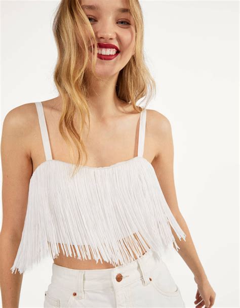 Top Cropped Con Flecos Camisetas Bershka Mexico En Camisetas