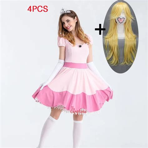 4pcs Deluxe Adult Princess Peach Costume Women Princess Peach Super