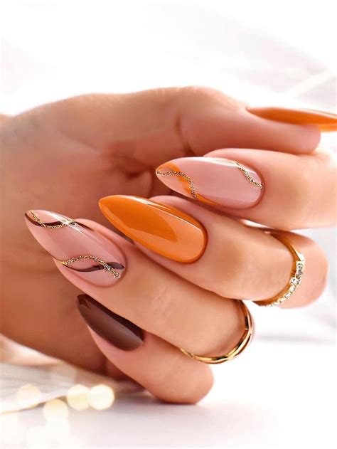 Get Glamorous With Pcs Long Almond Orange French Style Line Fake Nail