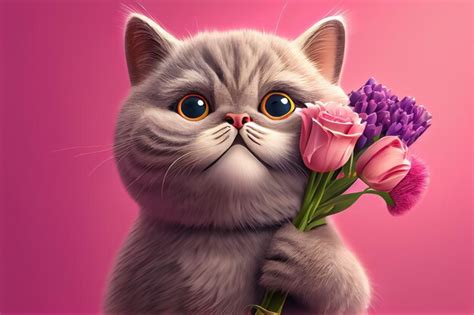 Premium Photo Illustration Of Cute Cat Giving A Flowers In Pink