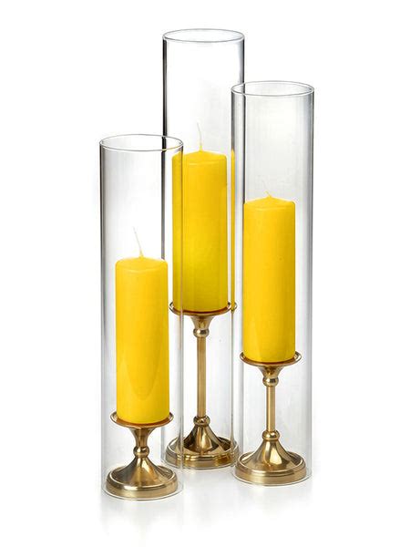 12 Slim Pillar Candles 12 Glass Chimneys And 12 Gold Timeless Pillar Holders Yummicandles