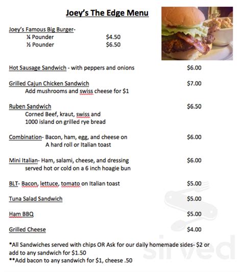 Menu For Joeys The Edge In Export Pa Sirved