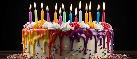 Premium AI Image | Rainbow birthday cake adorned with candles in ...