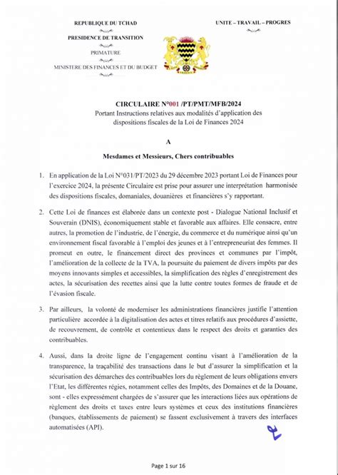 République du TCHAD Ministère des Finances et du Budget CIRCULAIRE