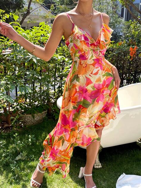 SHEIN VCAY Vestido De Tirantes Con Estampado Floral Ribete Con Fruncido