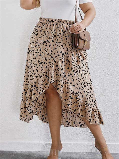 Plus Dalmatian Print Ruffle Hem Wrap Skirt Skirts Asymmetrical Skirt