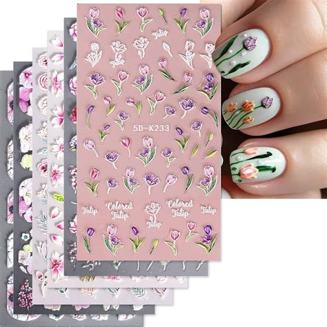 Yosomk 6 Sheets Flower Nail Art Stickers Decals 5d Embossed