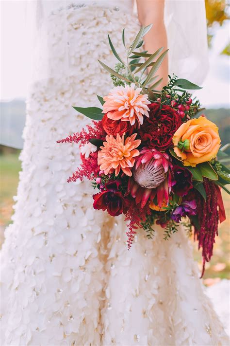 Fall Colored Protea Rose Astilbe And Dahlia Bouquet Dahlia Wedding