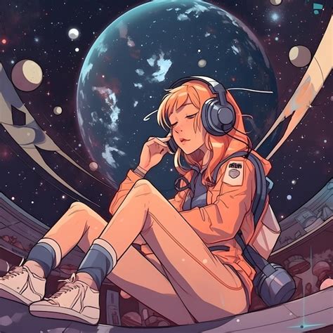 Hermosa linda chica de anime flotando en el espacio escuchando música